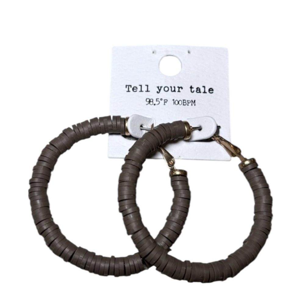 Tell Your Tale Brown Disc Bead Hoop Earrings with Gold Accents – 1.75” Diameter